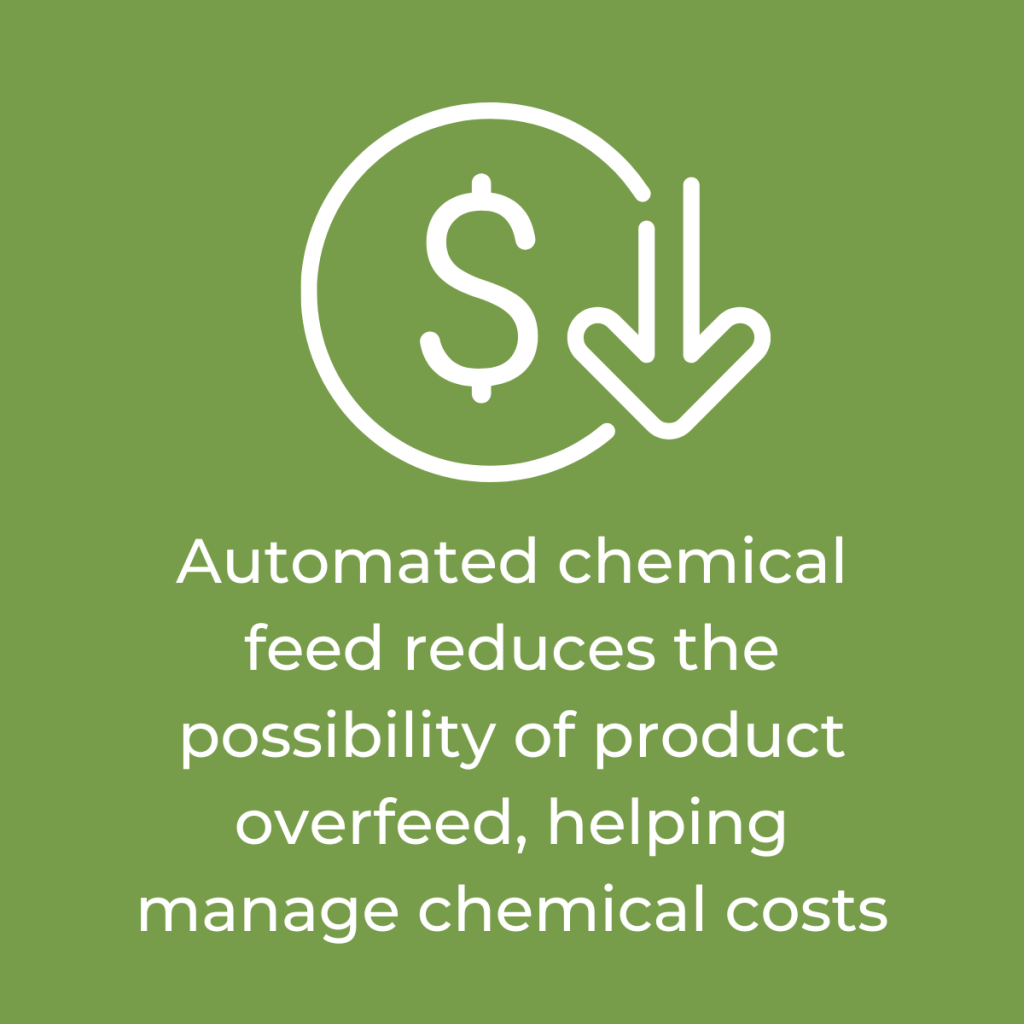 Green square with a white icon of a dollar sign in a circle with an arrow pointing down next to it. Below it, the words: "Automated chemical feed reduces the possibility of product overfeed, helping manage chemical costs."