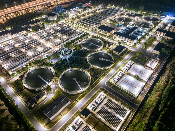 chemical processing facility wastewater treatment plant at night